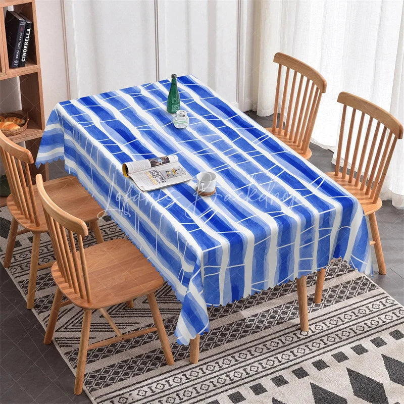 Lofaris Blue Watercolor Striped Rectangle Tablecloth Modern Abstract Design for Dining and Parties
