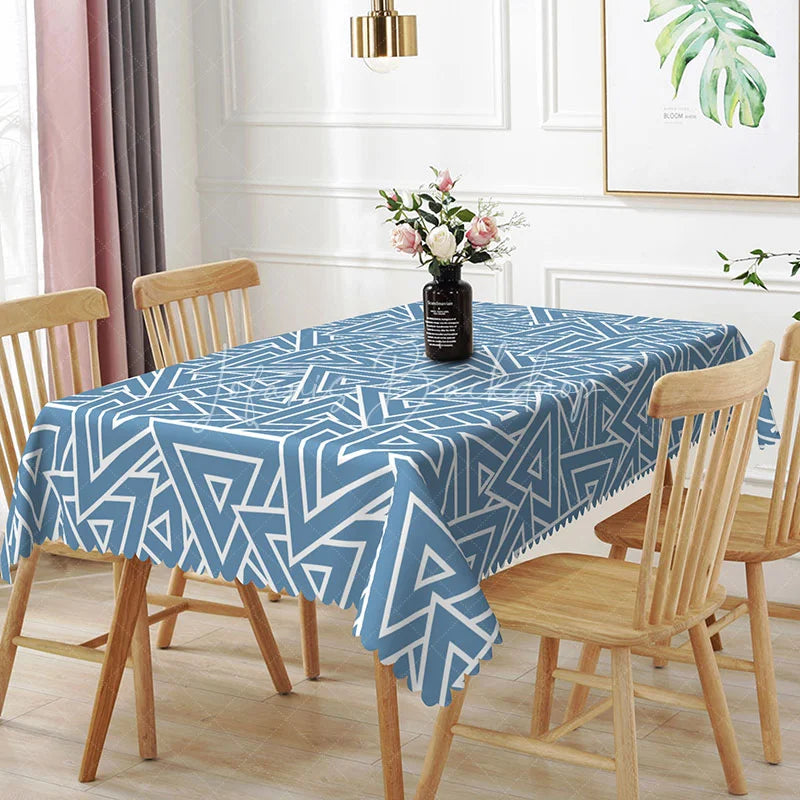 Lofaris Blue White Geometric Triangle Rectangle Tablecloth Modern Abstract Dining Table Cover for Event