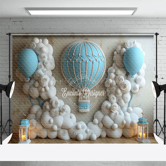 Lofaris Blue White Hot Air Balloon Birthday Photo Backdrop