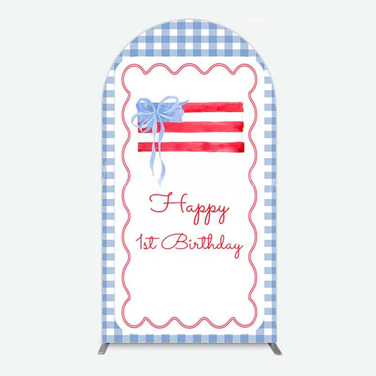Lofaris Blue White Plaid Bow Happy 1st Birthday Arch Backdrop