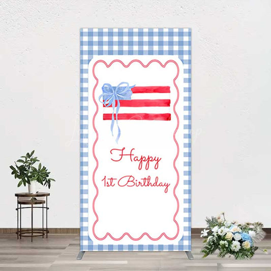 Lofaris Blue White Plaid Bow Happy 1st Birthday Rectangle Backdrop