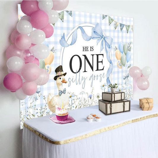 Lofaris Blue White Plaid One Silly Goose Birthday Backdrop