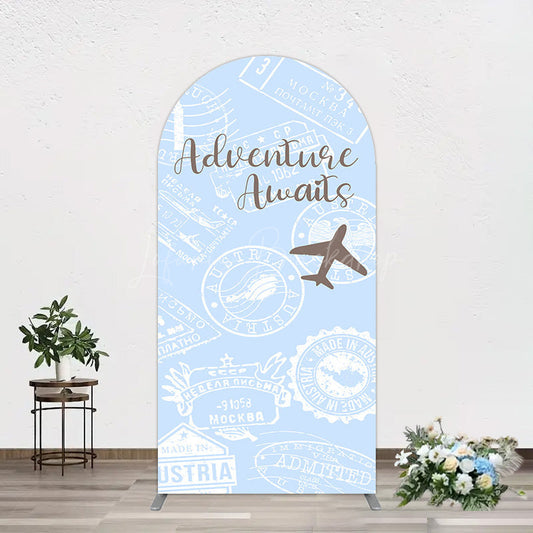 Lofaris Blue White Postmark Adventure Awaits Arch Backdrop