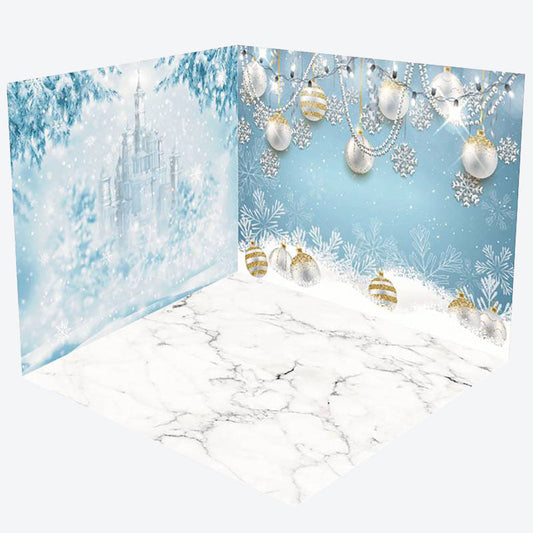 Lofaris Blue White Snowflake Marble Floor Room Set Backdrop
