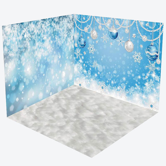 Lofaris Blue White Snowy Bells Christmas Room Set Backdrop