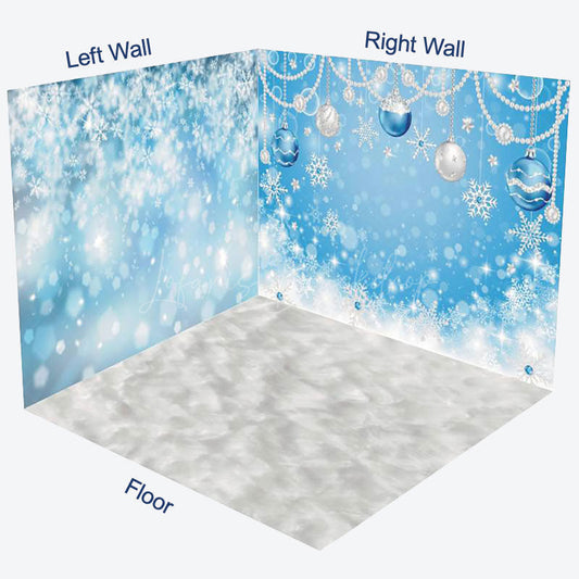 Lofaris Blue White Snowy Bells Christmas Room Set Backdrop