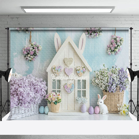 Lofaris Blue White Wall Bunny Hutch Floral Easter Backdrop