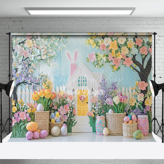 Lofaris Blue White Wall Colorful Floral Trees Easter Backdrop