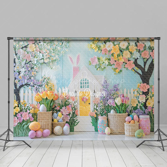 Lofaris Blue White Wall Colorful Floral Trees Easter Backdrop
