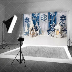 Lofaris Blue White Winter Wonderland Photography Backdrop Snowflakes Christmas Trees and Lantern for Festive Holiday Party