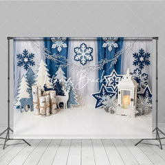 Lofaris Blue White Winter Wonderland Photography Backdrop Snowflakes Christmas Trees and Lantern for Festive Holiday Party
