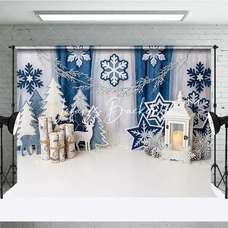 Lofaris Blue White Winter Wonderland Photography Backdrop Snowflakes Christmas Trees and Lantern for Festive Holiday Party