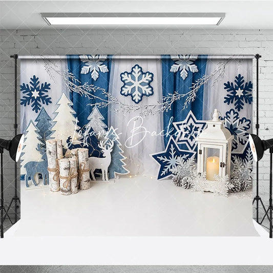 Lofaris Blue White Winter Wonderland Photography Backdrop Snowflakes Christmas Trees and Lantern for Festive Holiday Party