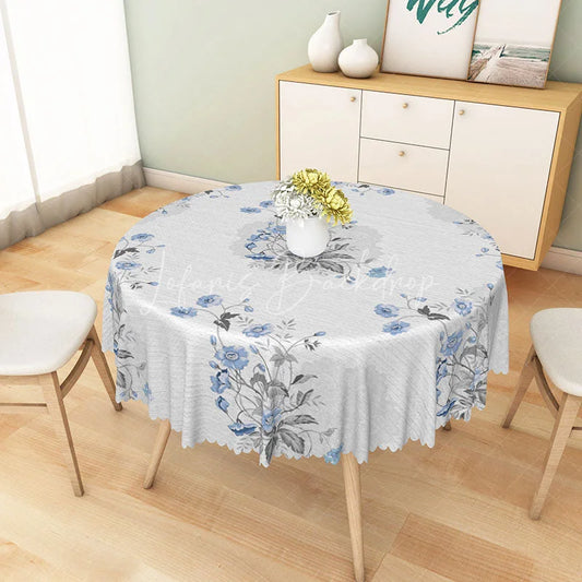 Lofaris Blue Wildflower and Grey Leaf Pattern Round Tablecloth Elegant Minimalist Kitchen Decor