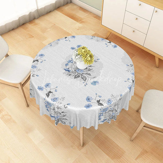 Lofaris Blue Wildflower and Grey Leaf Pattern Round Tablecloth Elegant Minimalist Kitchen Decor
