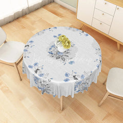 Lofaris Blue Wildflower and Grey Leaf Pattern Round Tablecloth Elegant Minimalist Kitchen Decor