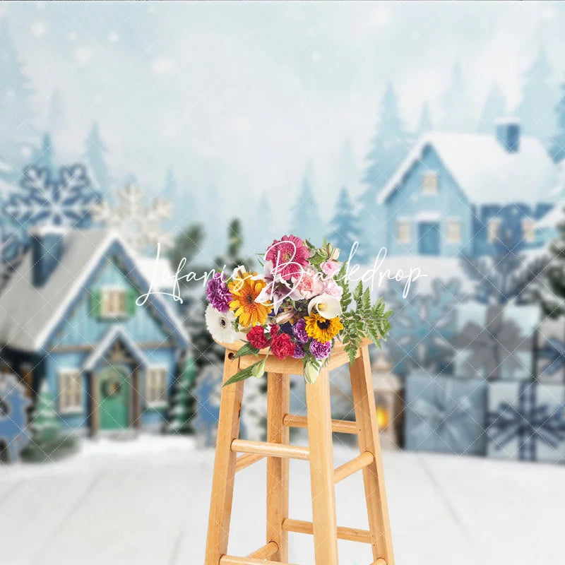 Lofaris Blue Winter Village Snowy Houses Photography Backdrop with Pine Trees Snowflakes and Christmas Gifts for Holiday Party
