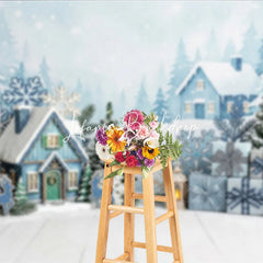 Lofaris Blue Winter Village Snowy Houses Photography Backdrop with Pine Trees Snowflakes and Christmas Gifts for Holiday Party