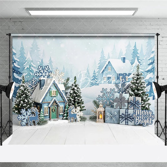 Lofaris Blue Winter Village Snowy Houses Photography Backdrop with Pine Trees Snowflakes and Christmas Gifts for Holiday Party