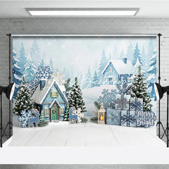 Lofaris Blue Winter Village Snowy Houses Photography Backdrop with Pine Trees Snowflakes and Christmas Gifts for Holiday Party