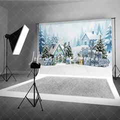 Lofaris Blue Winter Village Snowy Houses Photography Backdrop with Pine Trees Snowflakes and Christmas Gifts for Holiday Party