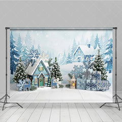 Lofaris Blue Winter Village Snowy Houses Photography Backdrop with Pine Trees Snowflakes and Christmas Gifts for Holiday Party
