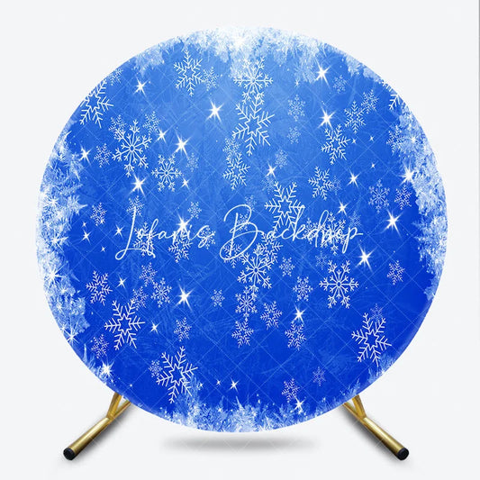 Lofaris Blue Winter Wonderland Snowflake Round Backdrop White Frosty Ice Sparkle Christmas Holiday Decor