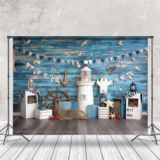 Lofaris Blue Wood Nautical Flag Lighthouse Cake Smash Backdrop