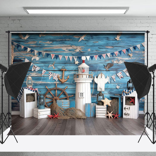 Lofaris Blue Wood Nautical Flag Lighthouse Cake Smash Backdrop