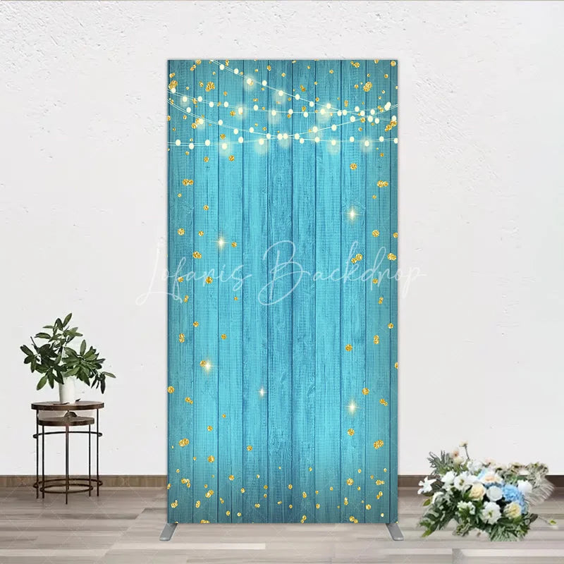 Lofaris Blue Wooden Plank Rectangle Arch Backdrop with Golden Glitter and String Lights Festive Party Decor.