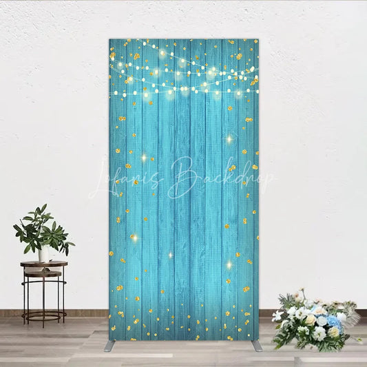 Lofaris Blue Wooden Plank Rectangle Arch Backdrop with Golden Glitter and String Lights Festive Party Decor.