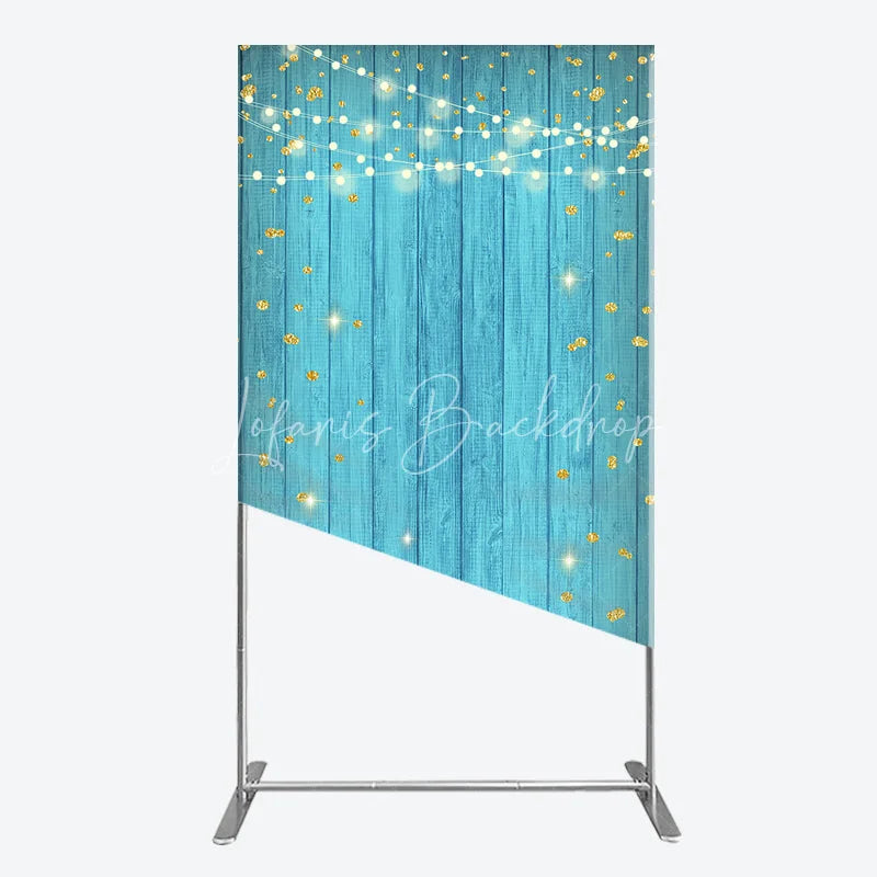Lofaris Blue Wooden Plank Rectangle Arch Backdrop with Golden Glitter and String Lights Festive Party Decor.