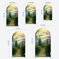 Lofaris Blurry Blue Stairs Greenery Scenery Arch Backdrop