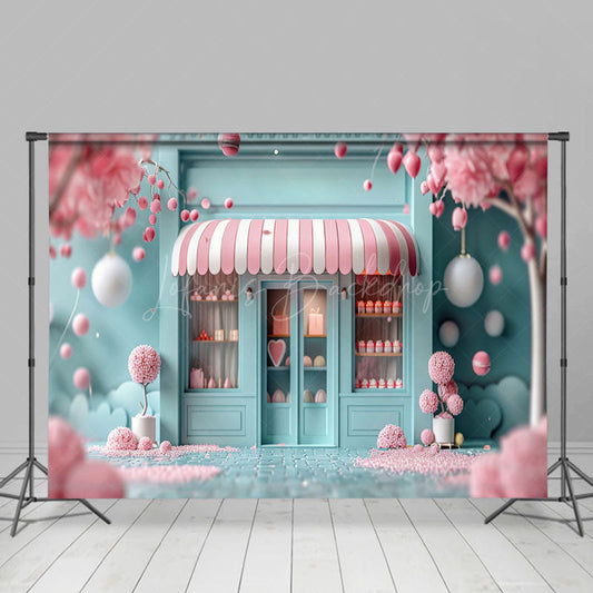 Lofaris Blurry Light Green Store Pink Tree Cake Smash Backdrop