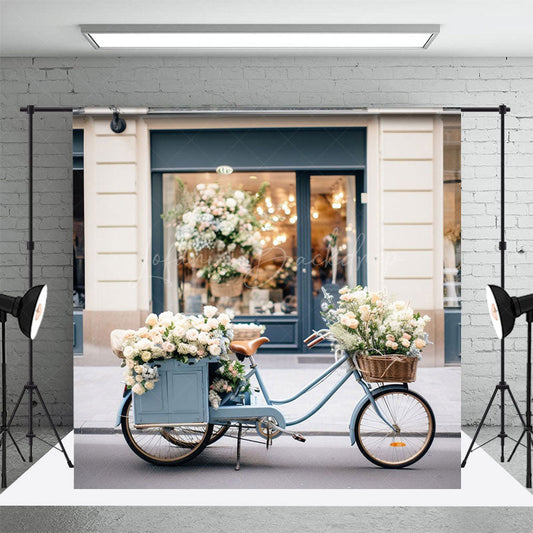 Lofaris Blurry Modern Blue White Store Bike Street Backdrop