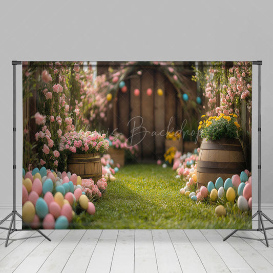 Lofaris Blurry Wood Door Green Lawn Egg Easter Photo Backdrop