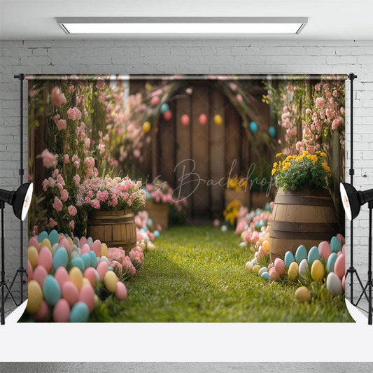 Lofaris Blurry Wood Door Green Lawn Egg Easter Photo Backdrop