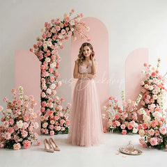 Lofaris Blush Pink Floral Arched Panels Combo Set Backdrop Elegant Roses Wedding Baby Shower Party Decor