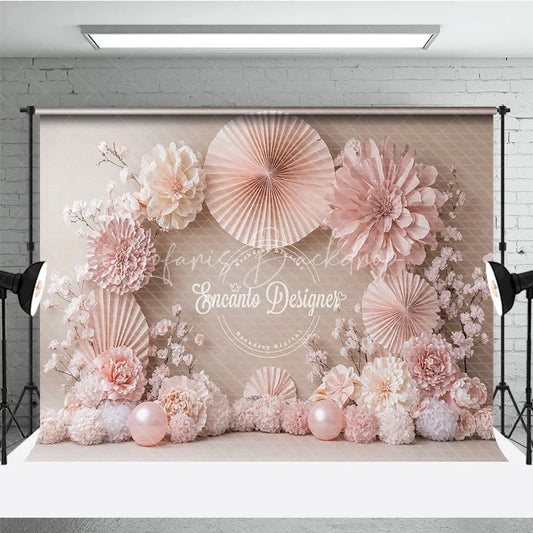Lofaris Blush Pink Paper Fan and Flower Photography Backdrop Neutral Tones for Wedding Bridal Shower Photo Booth Decor