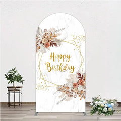 Lofaris Bohemian Happy Birthday Arched Backdrop Pampas Grass and Dried Flowers Gold Geometric Frame for Elegant Decor