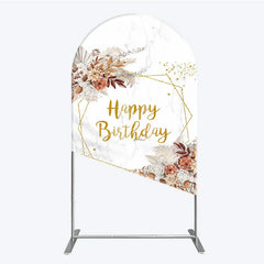 Lofaris Bohemian Happy Birthday Arched Backdrop Pampas Grass and Dried Flowers Gold Geometric Frame for Elegant Decor