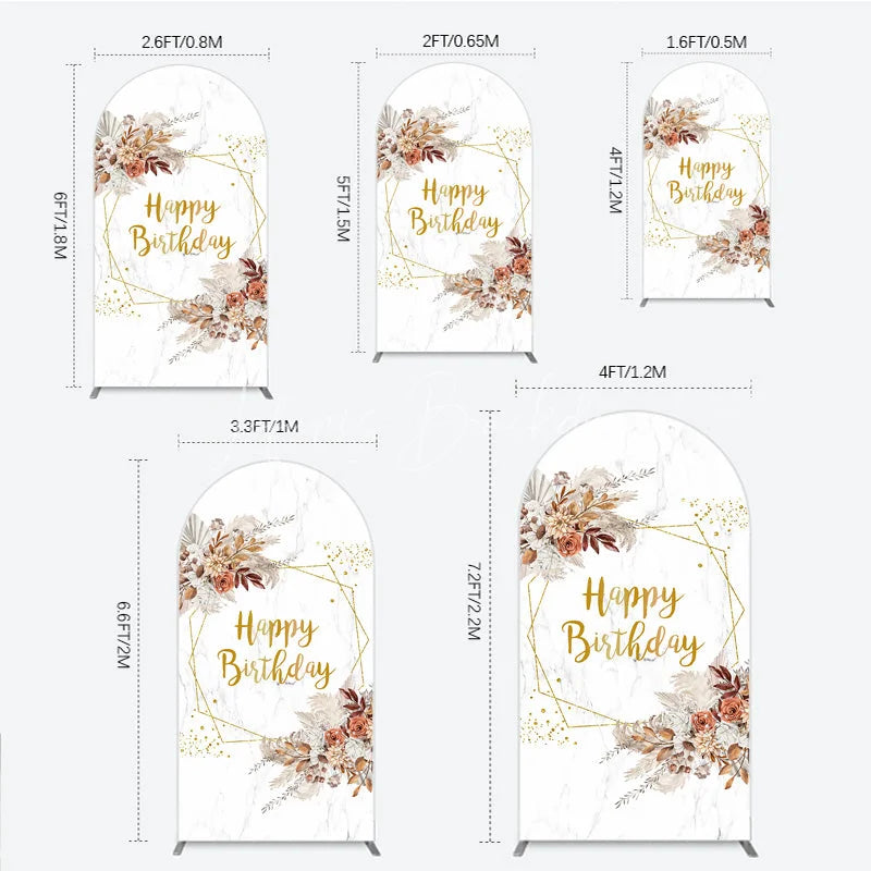 Lofaris Bohemian Happy Birthday Arched Backdrop Pampas Grass and Dried Flowers Gold Geometric Frame for Elegant Decor