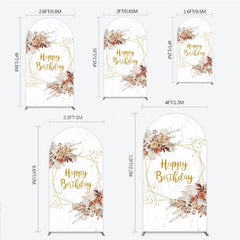 Lofaris Bohemian Happy Birthday Arched Backdrop Pampas Grass and Dried Flowers Gold Geometric Frame for Elegant Decor