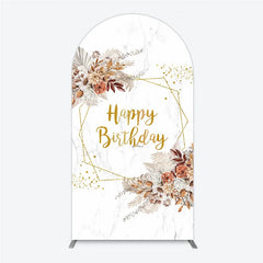 Lofaris Bohemian Happy Birthday Arched Backdrop Pampas Grass and Dried Flowers Gold Geometric Frame for Elegant Decor