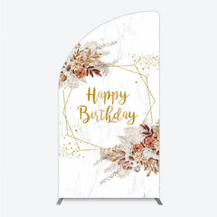 Lofaris Bohemian Happy Birthday Half Moon Arched Backdrop Pampas Grass and Dried Flowers Gold Geometric Frame for Elegant Decor