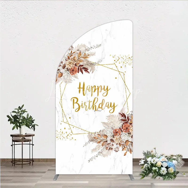 Lofaris Bohemian Happy Birthday Half Moon Arched Backdrop Pampas Grass and Dried Flowers Gold Geometric Frame for Elegant Decor