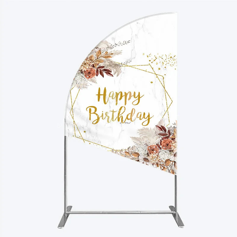 Lofaris Bohemian Happy Birthday Half Moon Arched Backdrop Pampas Grass and Dried Flowers Gold Geometric Frame for Elegant Decor