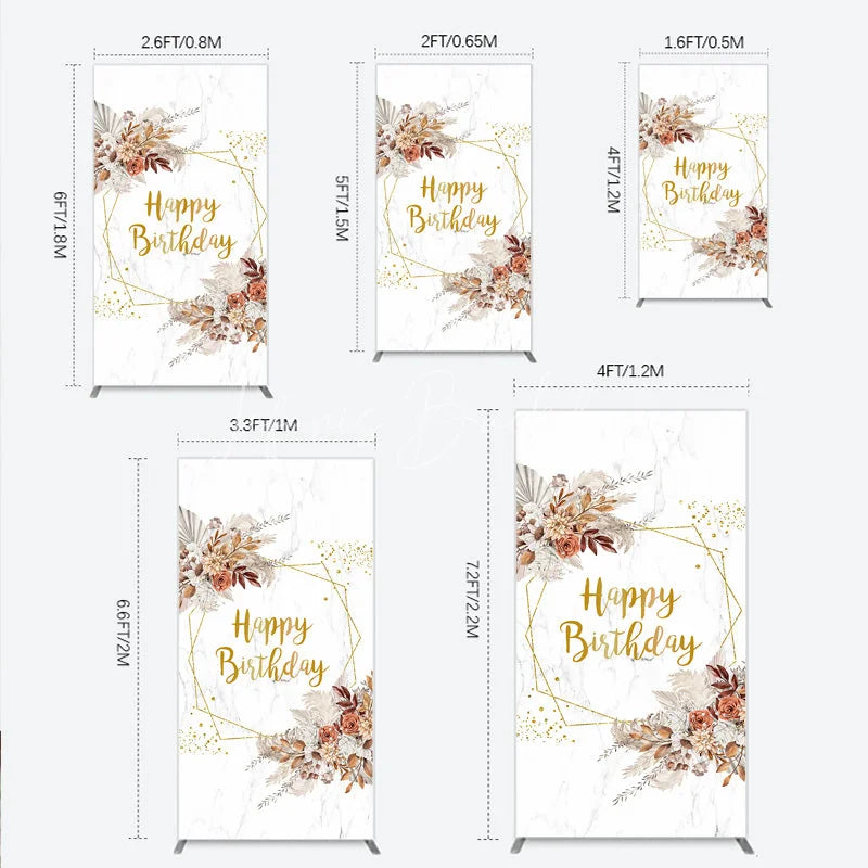 Lofaris Bohemian Happy Birthday Rectangleed Backdrop Pampas Grass and Dried Flowers Gold Geometric Frame for Elegant Decor
