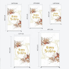 Lofaris Bohemian Happy Birthday Rectangleed Backdrop Pampas Grass and Dried Flowers Gold Geometric Frame for Elegant Decor
