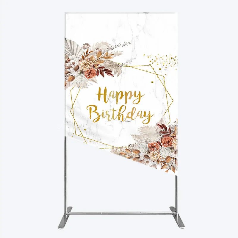 Lofaris Bohemian Happy Birthday Rectangleed Backdrop Pampas Grass and Dried Flowers Gold Geometric Frame for Elegant Decor